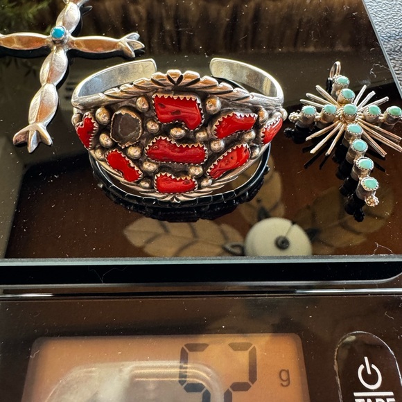 Navajo Sterling Cross Pendants & Red Coral Cuff - Picture 5 of 6